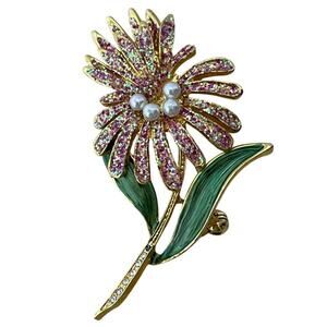 Flower Brooch Rhinestone Pearl Glitter and Enamel Unmarked Pink Gold Green